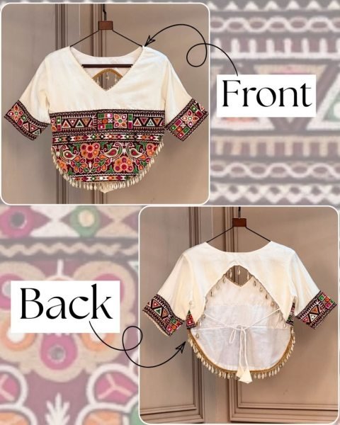 White Roman Fabric Kutchi Gamthi Embroidered Readymade Blouse For Navrati Blouse Collection