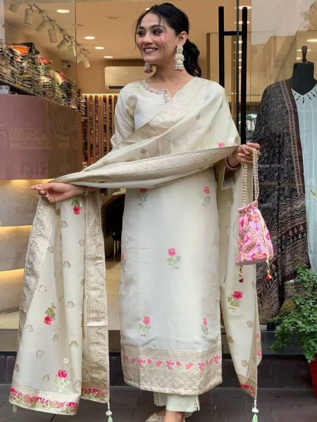 White Shimmer Kurta Pant Set with Dupatta Traditional 3 Piece Outfit Kurtis