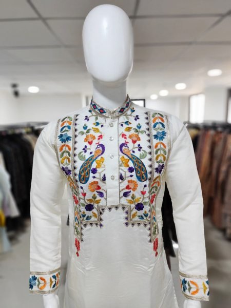 White Silk Embroidery Kurta Pajama for Men for Festive Events Kurta Pajama Wholesale