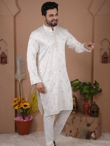 White Silk Kurta with Heavy Embroidery Work for Party Wear at Manufacturer Rate Mens Wear