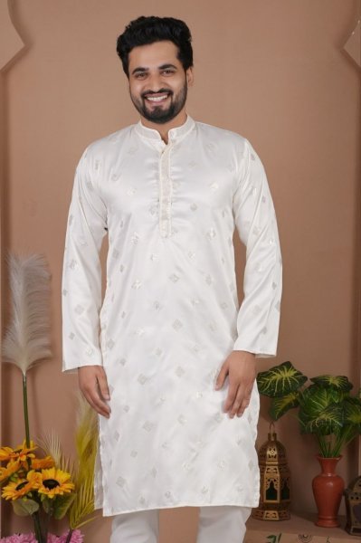 White Silk Kurta with Heavy Embroidery Work for Party Wear at Manufacturer Rate Kurta Pajama Wholesale
