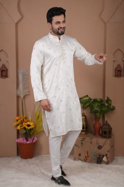White Silk Kurta with Heavy Embroidery Work for Party Wear at Manufacturer Rate Kurta Pajama Wholesale