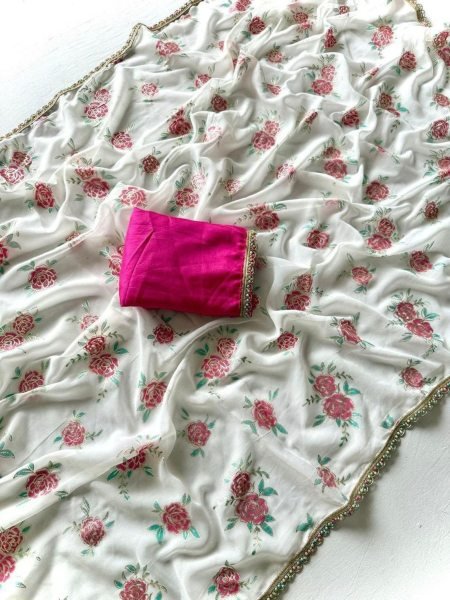 White Soft Georgette Party Wear Saree with Gulab Foil Print and Contrast Satin Blouse 