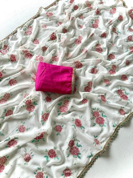 White Soft Georgette Party Wear Saree with Gulab Foil Print and Contrast Satin Blouse Georgette Sarees Wholesale
