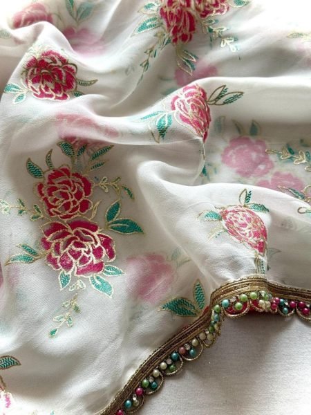 White Soft Georgette Party Wear Saree with Gulab Foil Print and Contrast Satin Blouse Georgette Sarees Wholesale