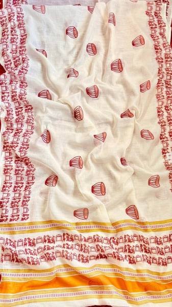 White Soft Linen Cotton Saree with Digital Print Border And Unstitched Blouse For Casual Wear Printed Cotton Sarees Wholesale