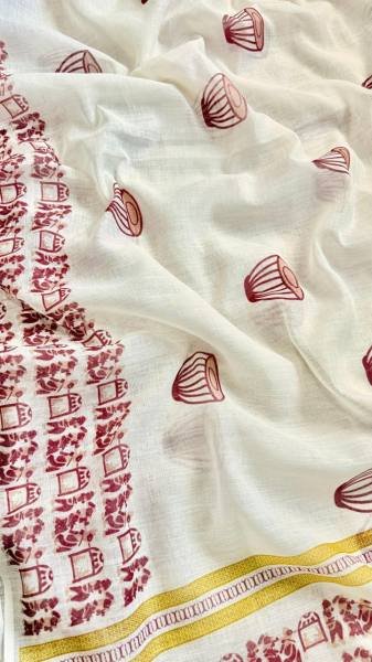 White Soft Linen Cotton Saree with Digital Print Border And Unstitched Blouse For Casual Wear Printed Cotton Sarees Wholesale