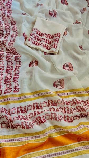 White Soft Linen Cotton Saree with Digital Print Border And Unstitched Blouse For Casual Wear Printed Cotton Sarees Wholesale