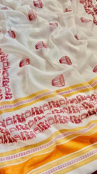 White Soft Linen Cotton Saree with Digital Print Border And Unstitched Blouse For Casual Wear Printed Cotton Sarees Wholesale