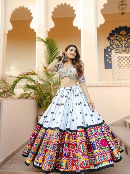 White Soft Peding Linen Printed Saree with Mirror Work and Matching Running Blouse  Lehenga