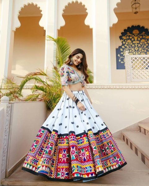 White Soft Peding Linen Printed Saree with Mirror Work and Matching Running Blouse Navratri Lehnega Choli
