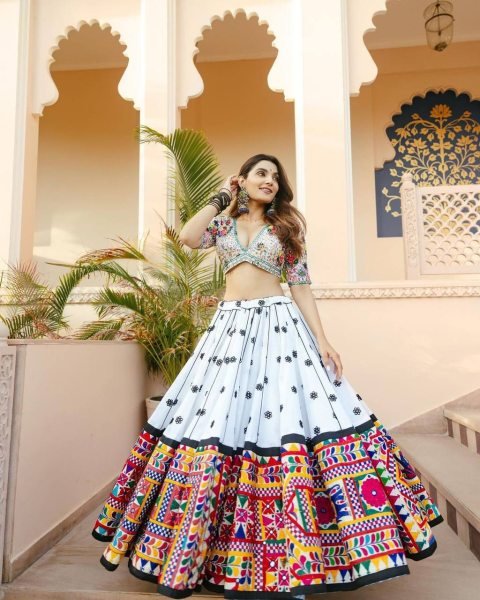 White Soft Peding Linen Printed Saree with Mirror Work and Matching Running Blouse Navratri Lehnega Choli