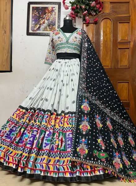 White Soft Peding Linen Printed Saree with Mirror Work and Matching Running Blouse Navratri Lehnega Choli