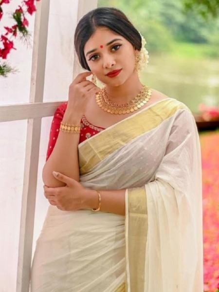 White Soft Tusser Silk Onam Saree with Border And Heavy Jalar Work Sarees 