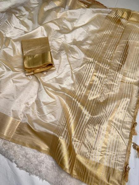 White Soft Tusser Silk Onam Saree with Border And Heavy Jalar Work South Indian Saree 