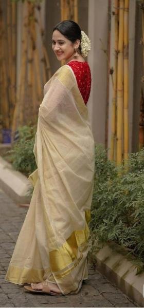 White Soft Tusser Silk Onam Saree with Border And Heavy Jalar Work South Indian Saree 