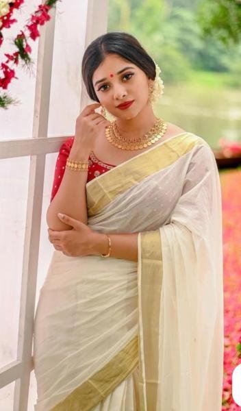 White Soft Tusser Silk Onam Saree with Border And Heavy Jalar Work South Indian Saree 