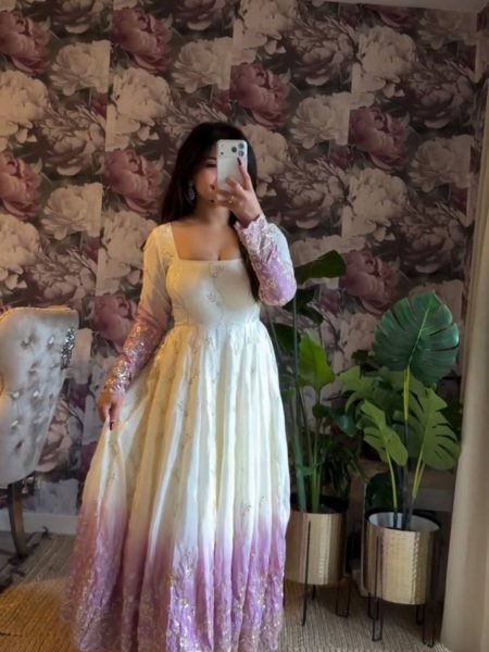 White Star Georgette Thread Sequence Anarkali Set with Pant and Dupatta Ethnic Wear for Eid and Ramadan 