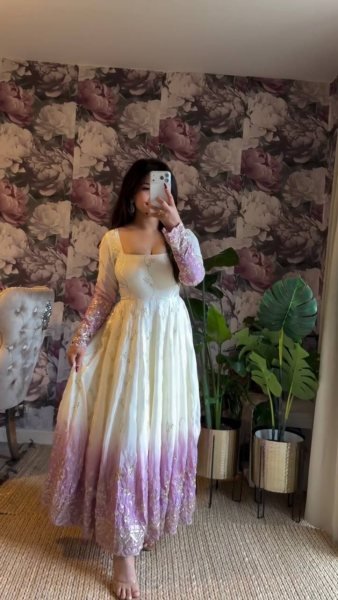 White Star Georgette Thread Sequence Anarkali Set with Pant and Dupatta Ethnic Wear for Eid and Ramadan Ready To Wear Collection