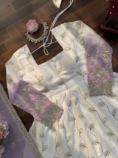 White Star Georgette Thread Sequence Anarkali Set with Pant and Dupatta Ethnic Wear for Eid and Ramadan Ready To Wear Collection