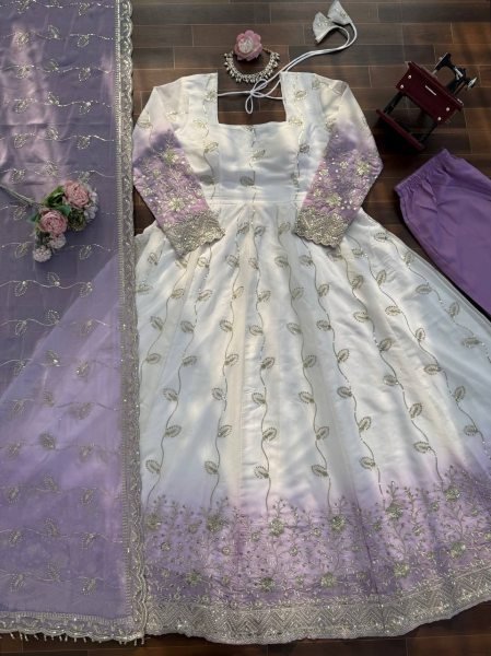 White Star Georgette Thread Sequence Anarkali Set with Pant and Dupatta Ethnic Wear for Eid and Ramadan Ready To Wear Collection