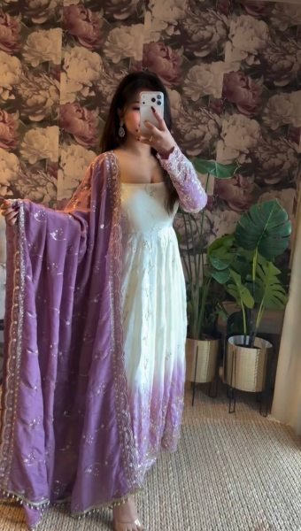 White Star Georgette Thread Sequence Anarkali Set with Pant and Dupatta Ethnic Wear for Eid and Ramadan Ready To Wear Collection