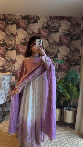 White Star Georgette Thread Sequence Anarkali Set with Pant and Dupatta Ethnic Wear for Eid and Ramadan Ready To Wear Collection