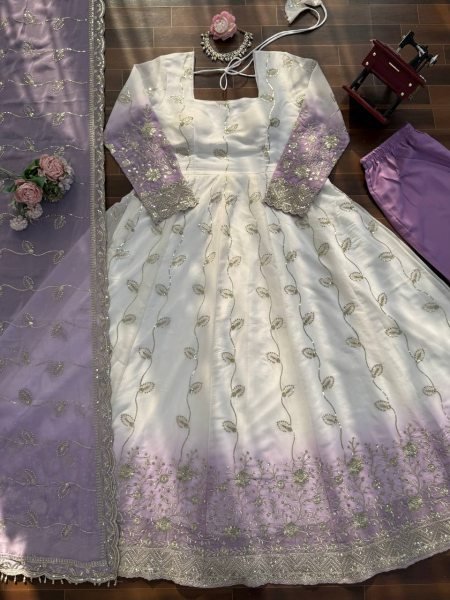 White Star Georgette Thread Sequence Anarkali Set with Pant and Dupatta Ethnic Wear for Eid and Ramadan Ready To Wear Collection