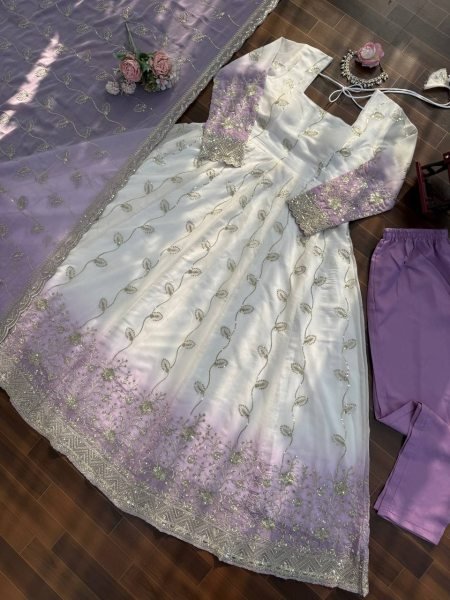 White Star Georgette Thread Sequence Anarkali Set with Pant and Dupatta Ethnic Wear for Eid and Ramadan Ready To Wear Collection
