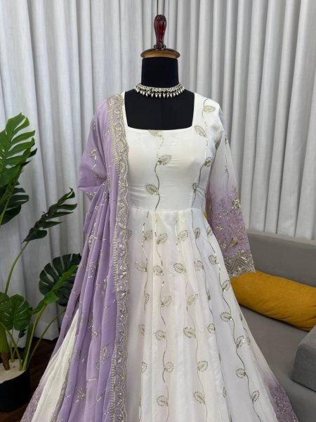 White Star Georgette Thread Sequence Anarkali Set with Pant and Dupatta Ethnic Wear for Eid and Ramadan Ready To Wear Collection