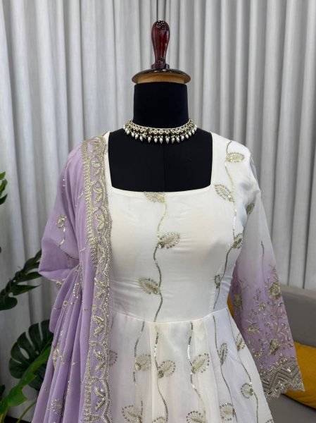 White Star Georgette Thread Sequence Anarkali Set with Pant and Dupatta Ethnic Wear for Eid and Ramadan Ready To Wear Collection