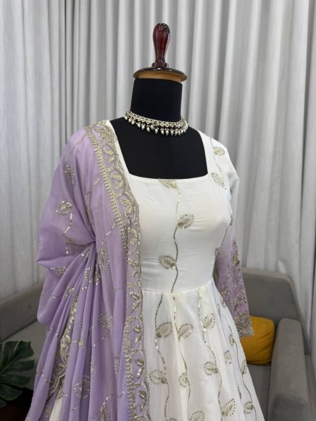 White Star Georgette Thread Sequence Anarkali Set with Pant and Dupatta Ethnic Wear for Eid and Ramadan Ready To Wear Collection