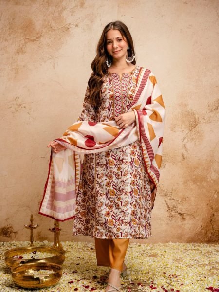 White Summer Special Magic Cotton Kurti Pant Dupatta Set at Wholesale Rate 