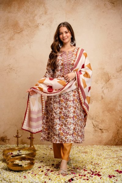 White Summer Special Magic Cotton Kurti Pant Dupatta Set at Wholesale Rate Cotton Kurtis Wholesale
