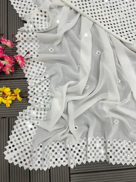 White Super Trending Georgette Mirror work Saree Bollywood Fancy Sarees Wholesale