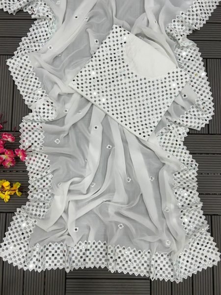 White Super Trending Georgette Mirror work Saree Bollywood Fancy Sarees Wholesale