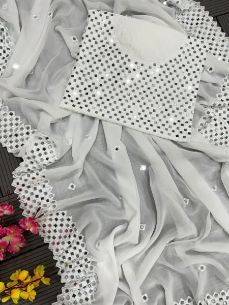 White Super Trending Georgette Mirror work Saree Bollywood Fancy Sarees Wholesale