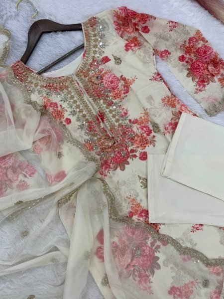 White Trendy Designer Pant Suit Set  With Embroidery Work and Heavy Stone Mirror Hand Work 3 Piece Kurti Set