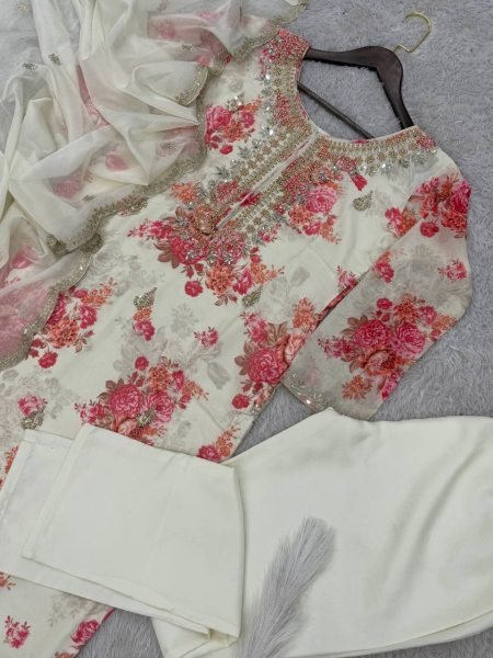 White Trendy Designer Pant Suit Set  With Embroidery Work and Heavy Stone Mirror Hand Work 3 Piece Kurti Set