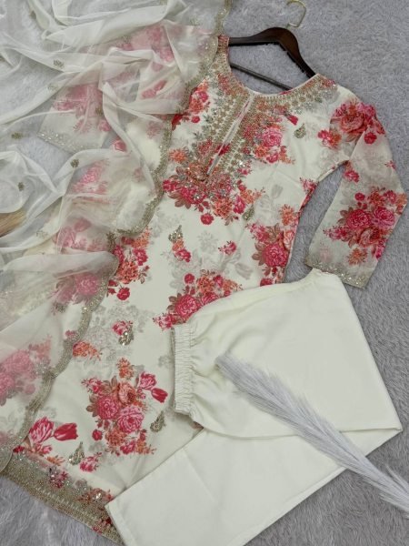White Trendy Designer Pant Suit Set  With Embroidery Work and Heavy Stone Mirror Hand Work 3 Piece Kurti Set