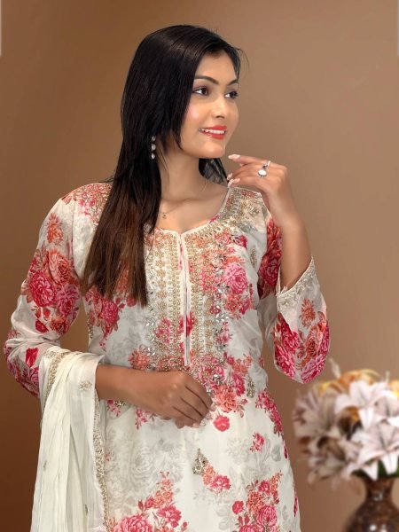 White Trendy Designer Pant Suit Set  With Embroidery Work and Heavy Stone Mirror Hand Work 3 Piece Kurti Set