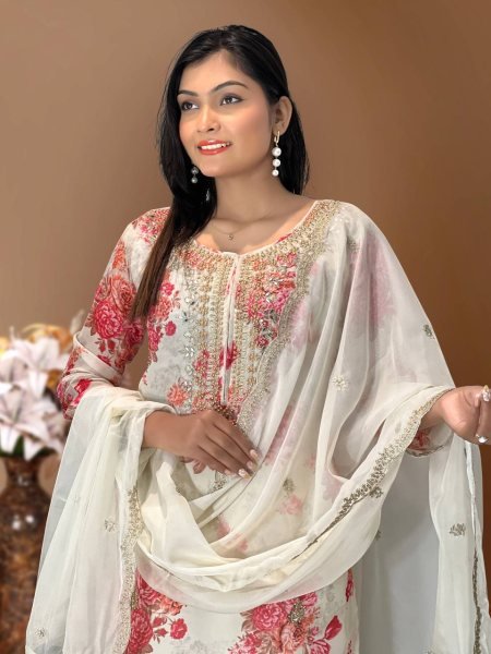White Trendy Designer Pant Suit Set  With Embroidery Work and Heavy Stone Mirror Hand Work 3 Piece Kurti Set