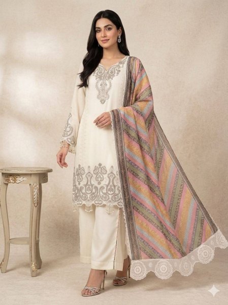White Wedding Wear Star Georgette Top Palazzo and Dupatta With Embroidered Ethnic Wear Set Ready To Wear Collection