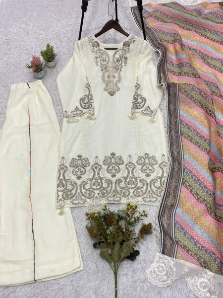 White Wedding Wear Star Georgette Top Palazzo and Dupatta With Embroidered Ethnic Wear Set Ready To Wear Collection