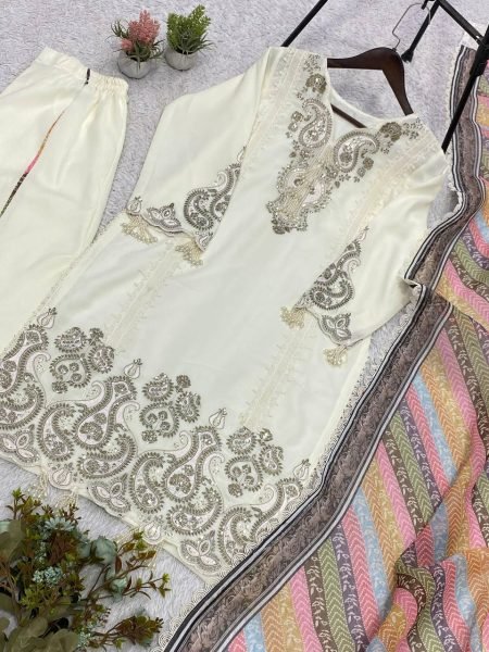 White Wedding Wear Star Georgette Top Palazzo and Dupatta With Embroidered Ethnic Wear Set Ready To Wear Collection