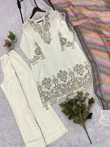 White Wedding Wear Star Georgette Top Palazzo and Dupatta With Embroidered Ethnic Wear Set Ready To Wear Collection