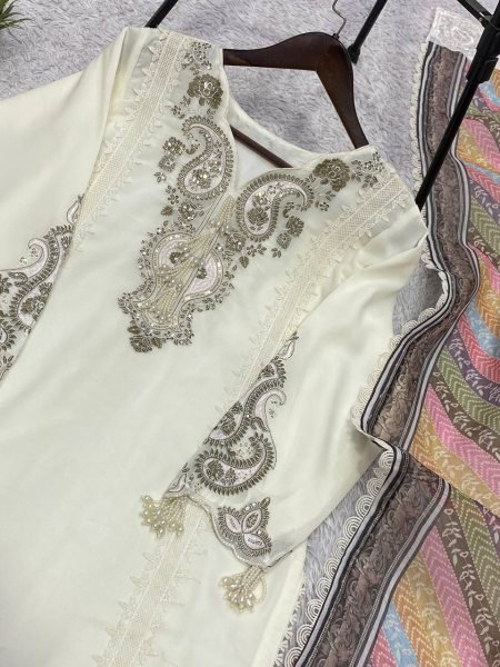 White Wedding Wear Star Georgette Top Palazzo and Dupatta With Embroidered Ethnic Wear Set Ready To Wear Collection