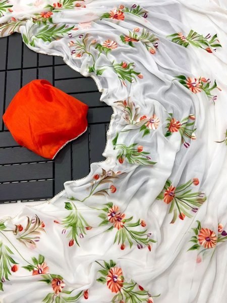 Wholesale Chiffon Sarees with Floral Handbrush Print and Pearl Lace Border Pure Chiffon Sarees Wholesale