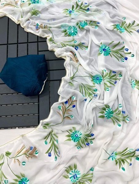 Wholesale Chiffon Sarees with Floral Handbrush Print and Pearl Lace Border Pure Chiffon Sarees Wholesale