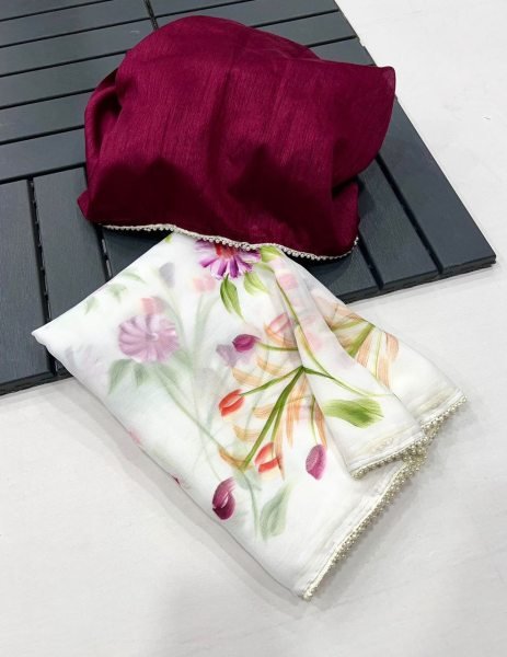 Wholesale Chiffon Sarees with Floral Handbrush Print and Pearl Lace Border Pure Chiffon Sarees Wholesale